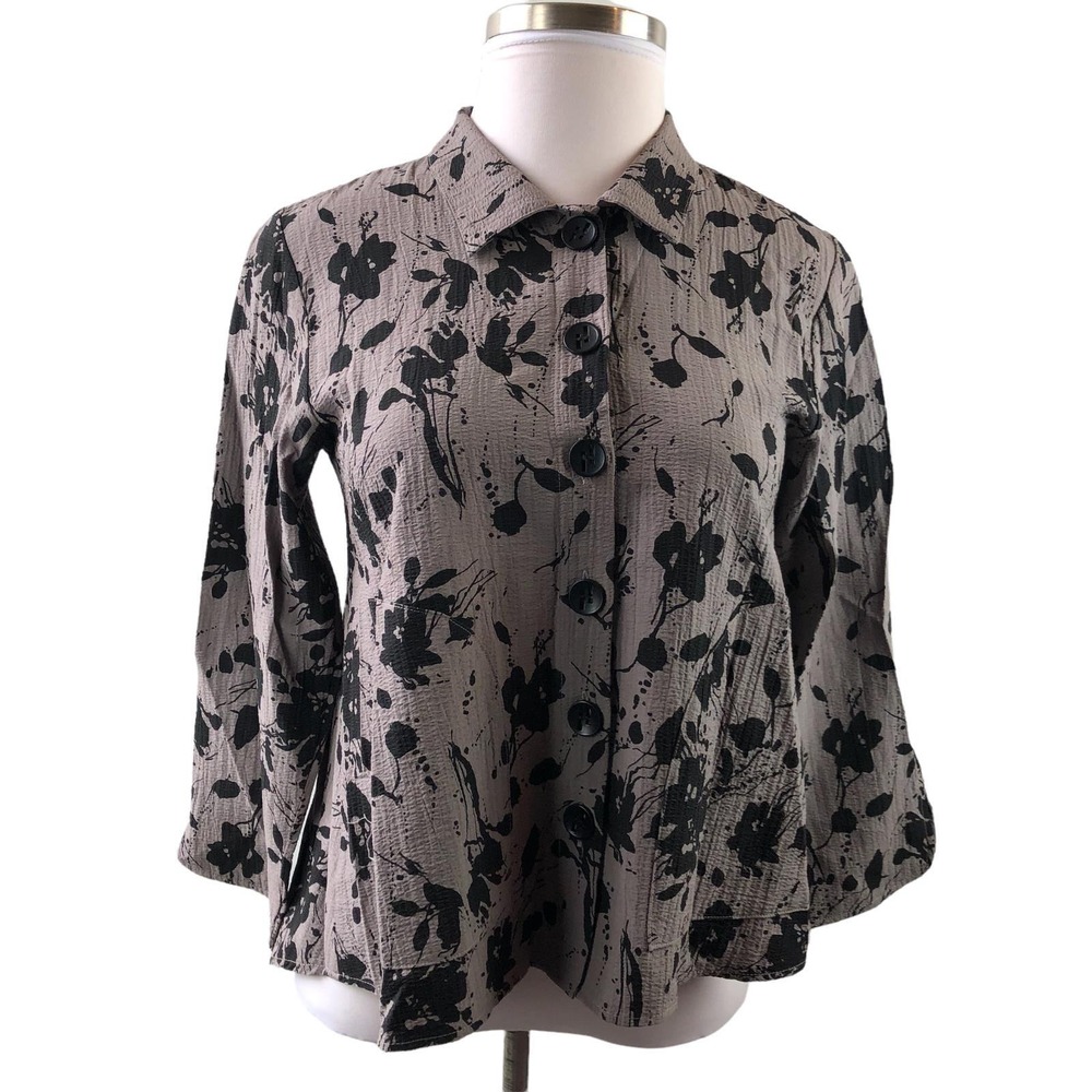 Habitat Floral Splatter Crinkle Textured Button Up Swing Top Taupe Black Small - Picture 4 of 12